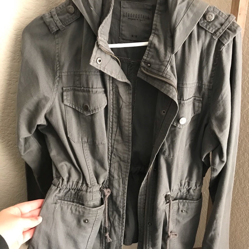 Olive green/gray Rain coat with hoodie